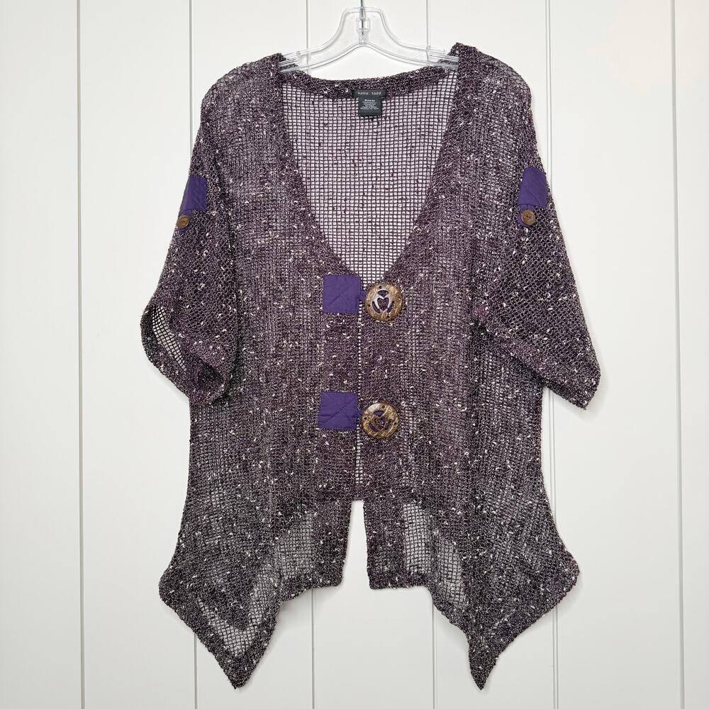 Katie Todd Purple Sheer Mesh Handkerchief Hem Button Top Medium Boho